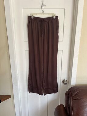 Nuuds Wide-Leg Brown Stripe Satin Pajama Drawstring Pants L